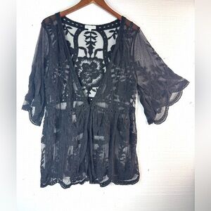 Grace & Lace M Witchy Black Mesh Detail Bell Sleeve Top